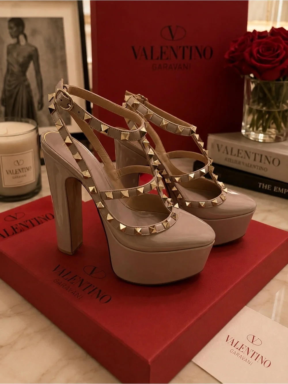 Valentino Garavani Beige Patent Rockstud Platform Sandals